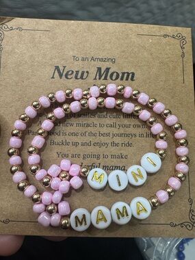 Mother’s Day gift  Pink and Gold 'MAMA' Beaded Bracelet Set